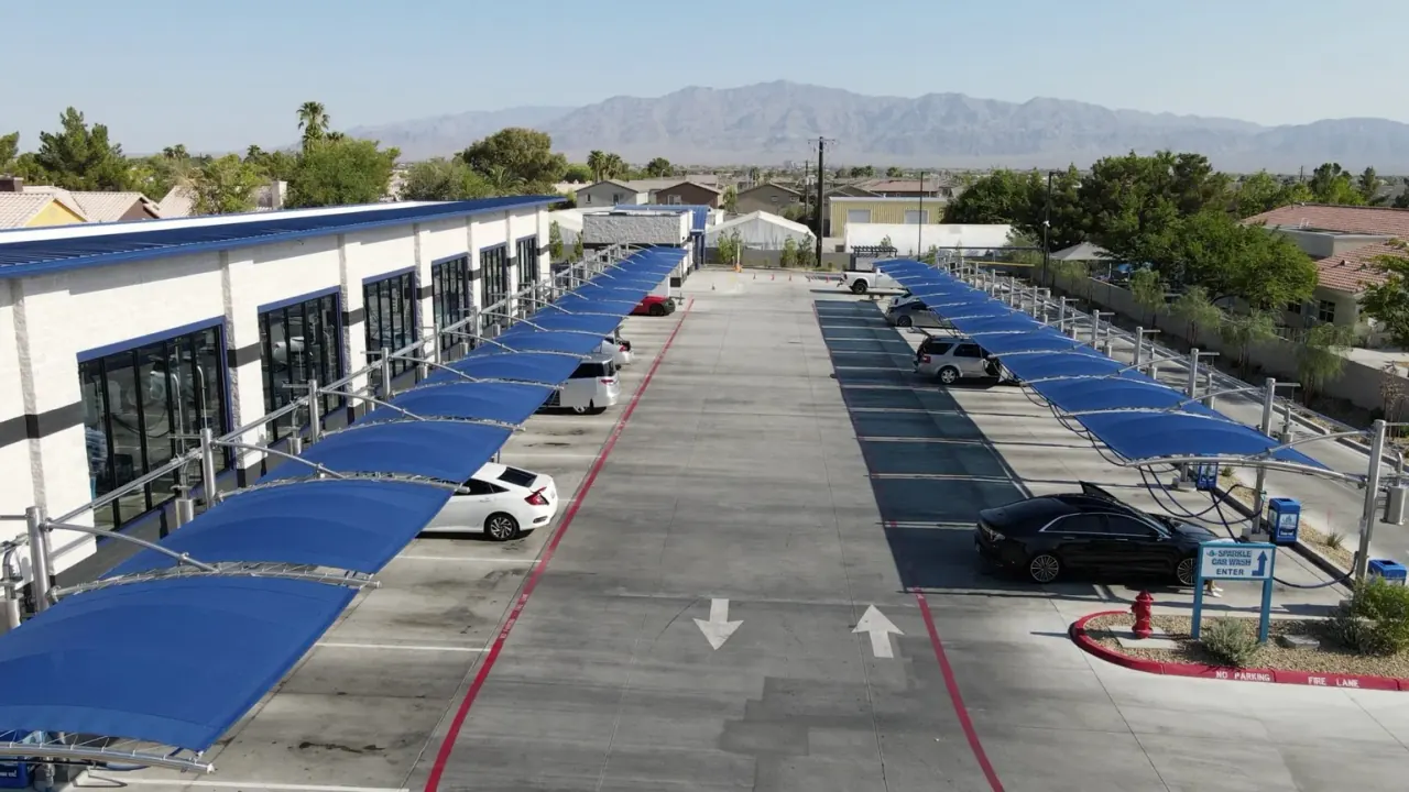 Aerial view of a car wash vacuum lot with Eurovac canopies